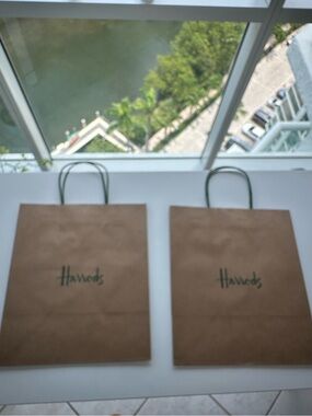 Harrods Brown Paper Shopping Bags Set of 2 Green Logo and Handles